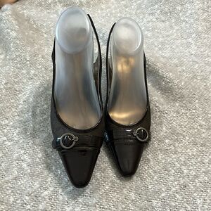 Etienne Aigner Brown‎ Patent Leather Fabric Logo Sling Back Vanessa Heels 7.5